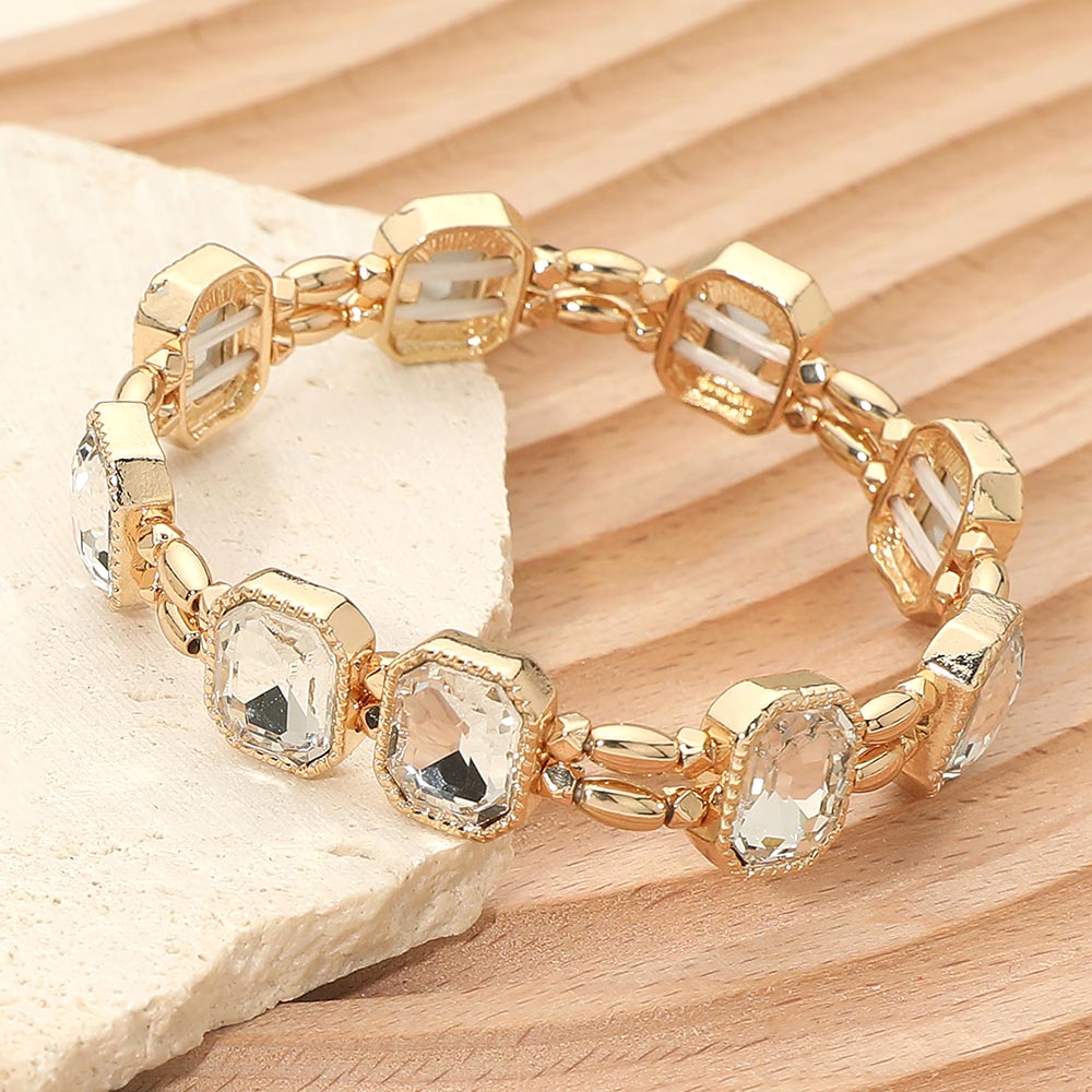 Madeline Love Gold Emerald Cut Stone Cluster Beaded Stretch Bracelet