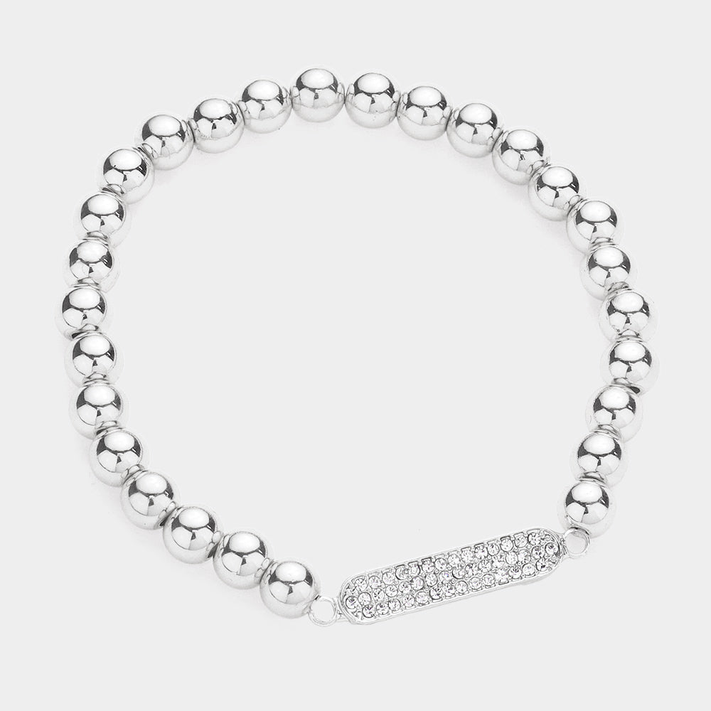 Madeline Love Rhodium Rhinestone Pave Oval Accented Metal Ball Stretch Bracelet - Bracelets