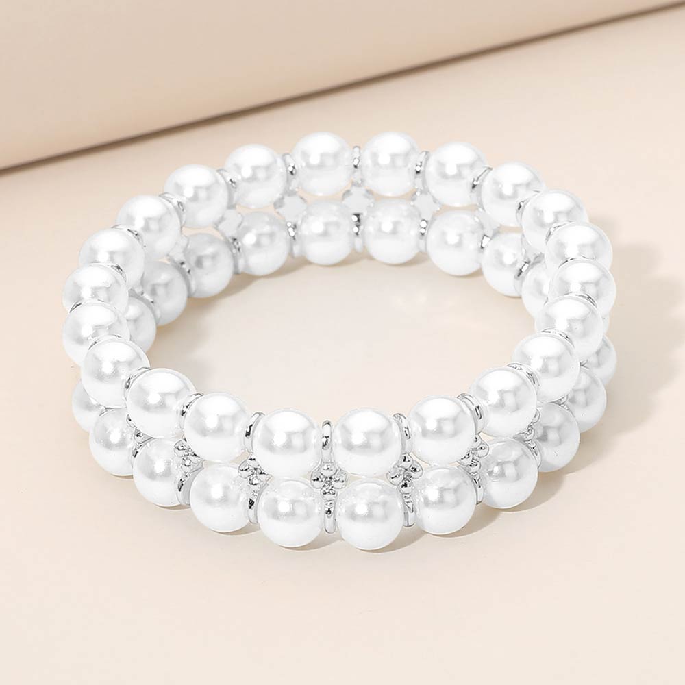 Madeline Love Rhodium, White Double Row Pearl Beaded Stretch Bracelet - Bracelets