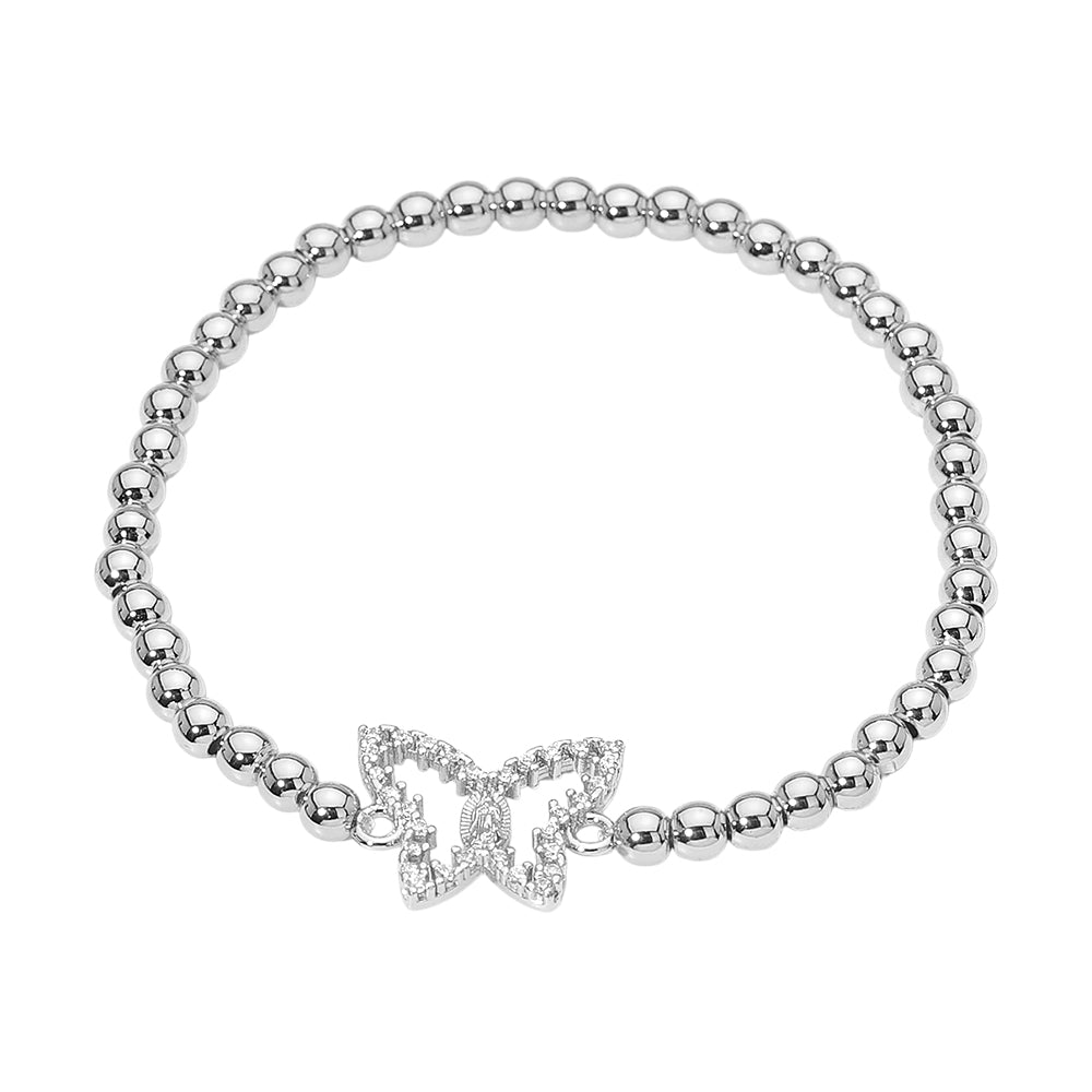 Madeline Love Silver Stainless Steel CZ Stone Paved Butterfly Charm Beaded Stretch Bracelet - Bracelets - desc