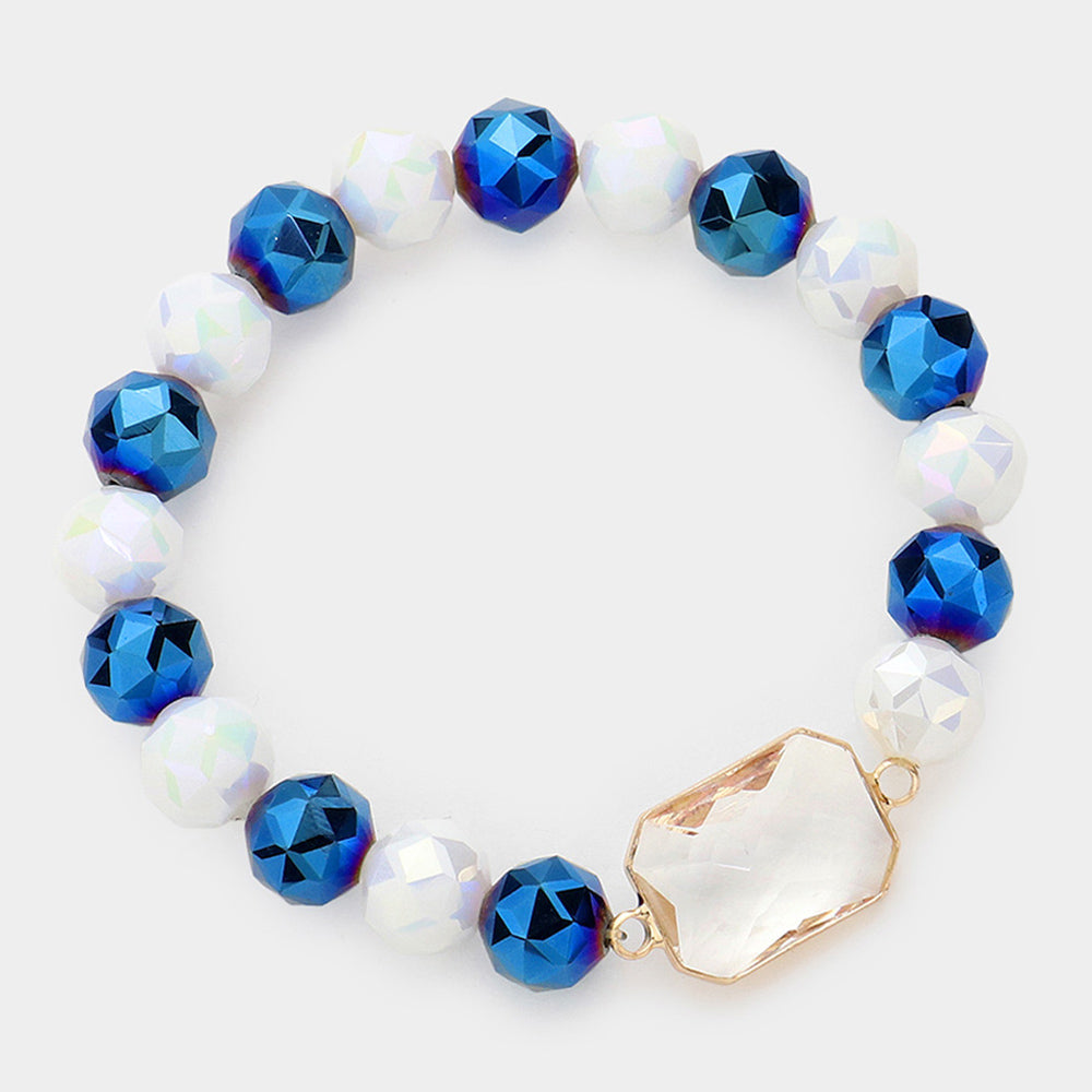 Madeline Love Blue, Lucite, White Lucite Accented Faceted Beaded Stretch Bracelet - Bracelets