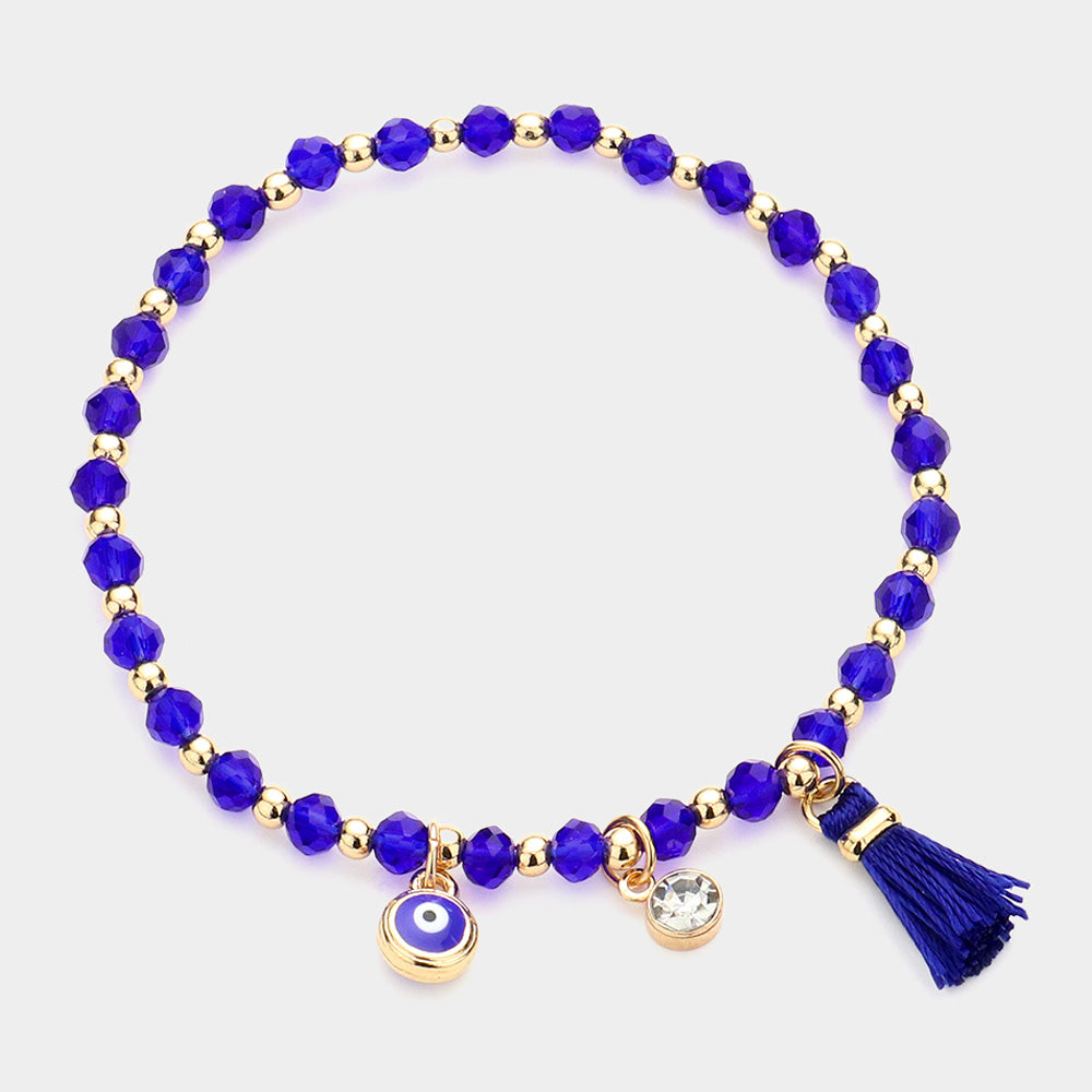 Madeline Love Blue, Gold Evil Eye Round Stone Tassel Charm Faceted Beaded Stretch Bracelet - Bracelets