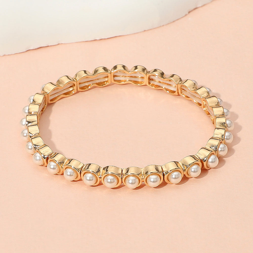 Madeline Love Cream, Gold Pearl Bezel Stretch Bracelet - Bracelets