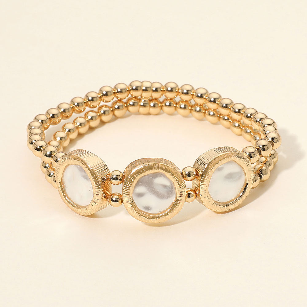 Madeline Love Cream, Gold Triple Organic Round Pearl Disc Frame Double Layered Metal Ball Beaded Stretch Bracelet