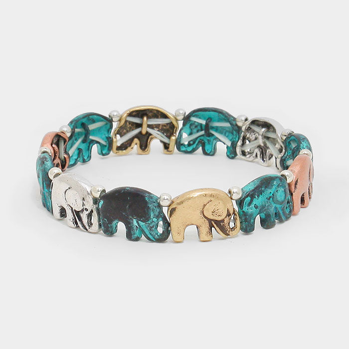 Madeline Love Patina Verdigris VINTAGE CUTE ELEPHANT STRETCHABLE BRACELET - Jewelry