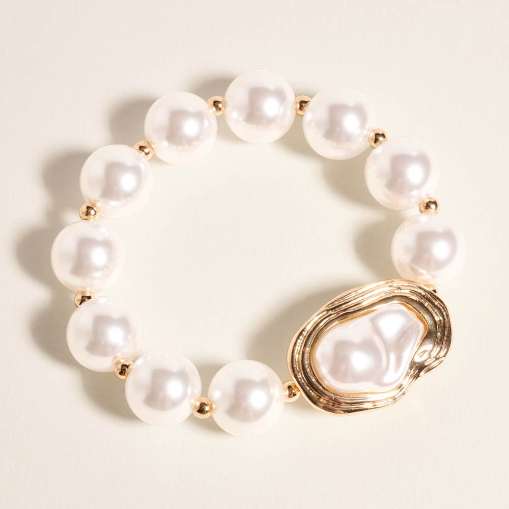 Madeline Love Gold Chunky Organic Pearl Plate Accent Beaded Stretch Bracelet - Bracelets
