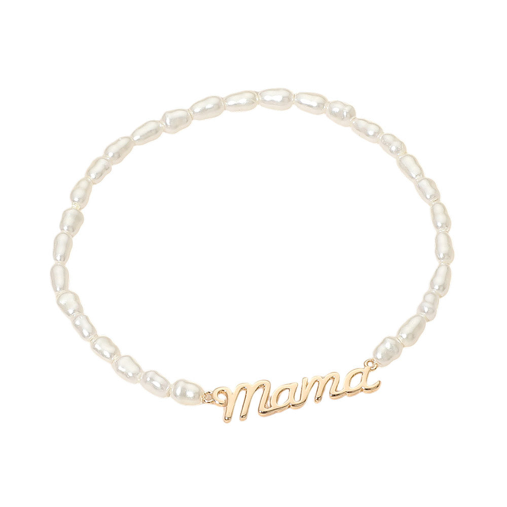 Madeline Love Cream, Gold MAMA Script Plate Pearl Beaded Stretch Bracelet - Bracelets - extra