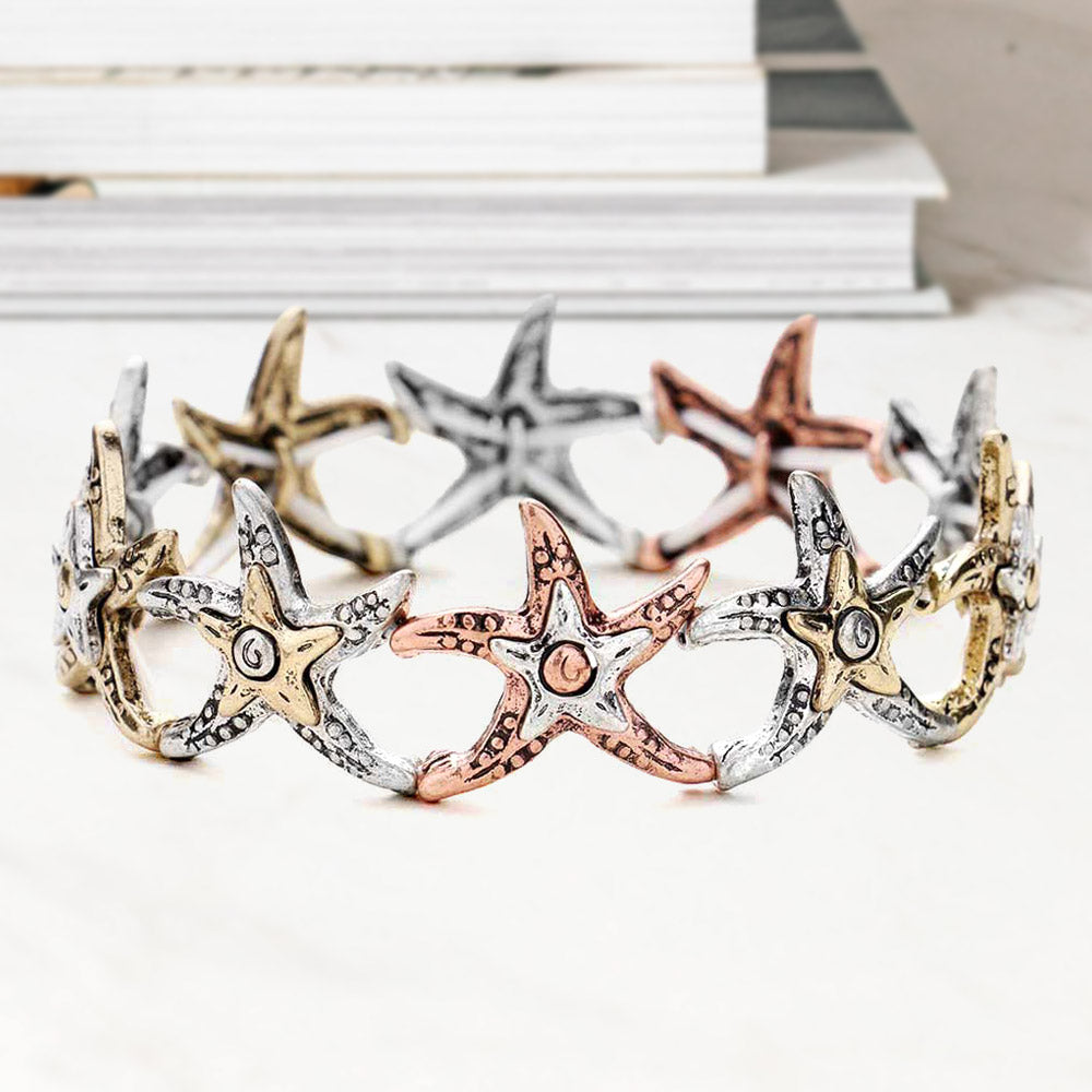 Madeline Love Three Tone Hammered Metal Starfish Stretch Bracelet - Bracelets