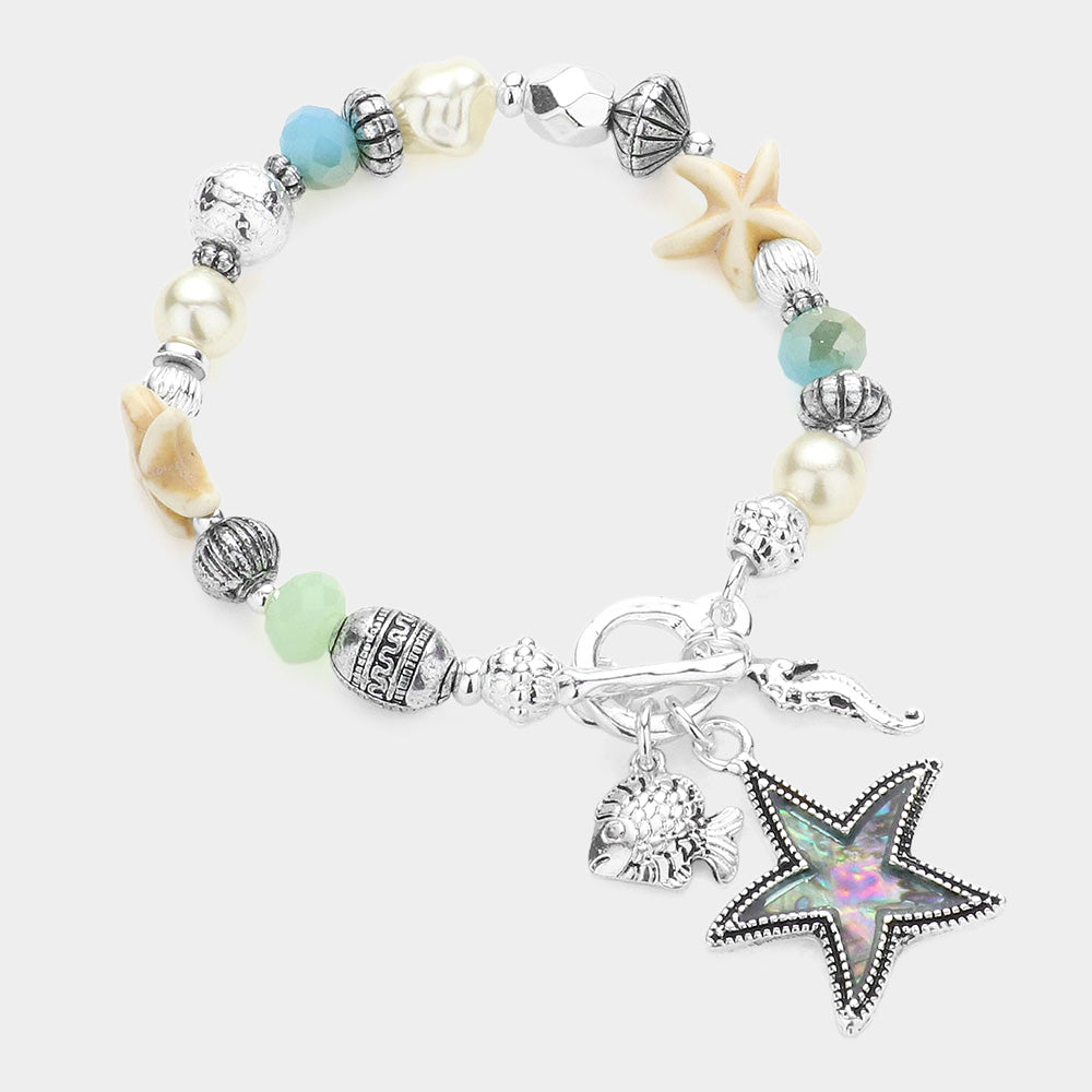 Abalone Abalone Starfish Metal Fish Seahorse Charm Pearl Beaded Stretch Toggle Bracelet