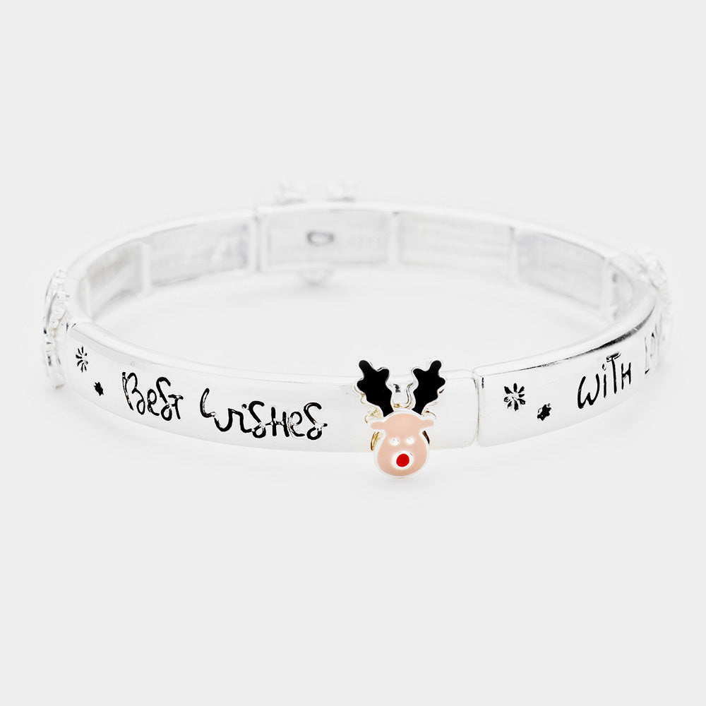 Antique Silver, Multi Enamel Rudolph Pointed Christmas Message Stretch Bracelet