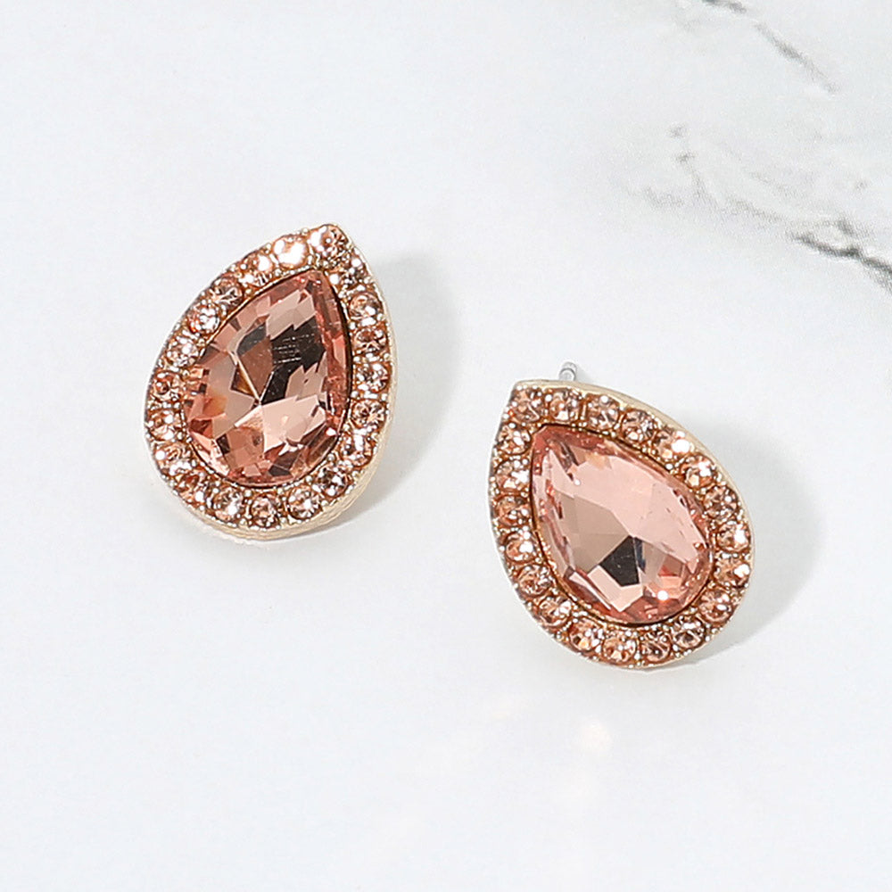 Madeline Love Gold, Peach Teardrop Stone Halo Evening Stud Earrings