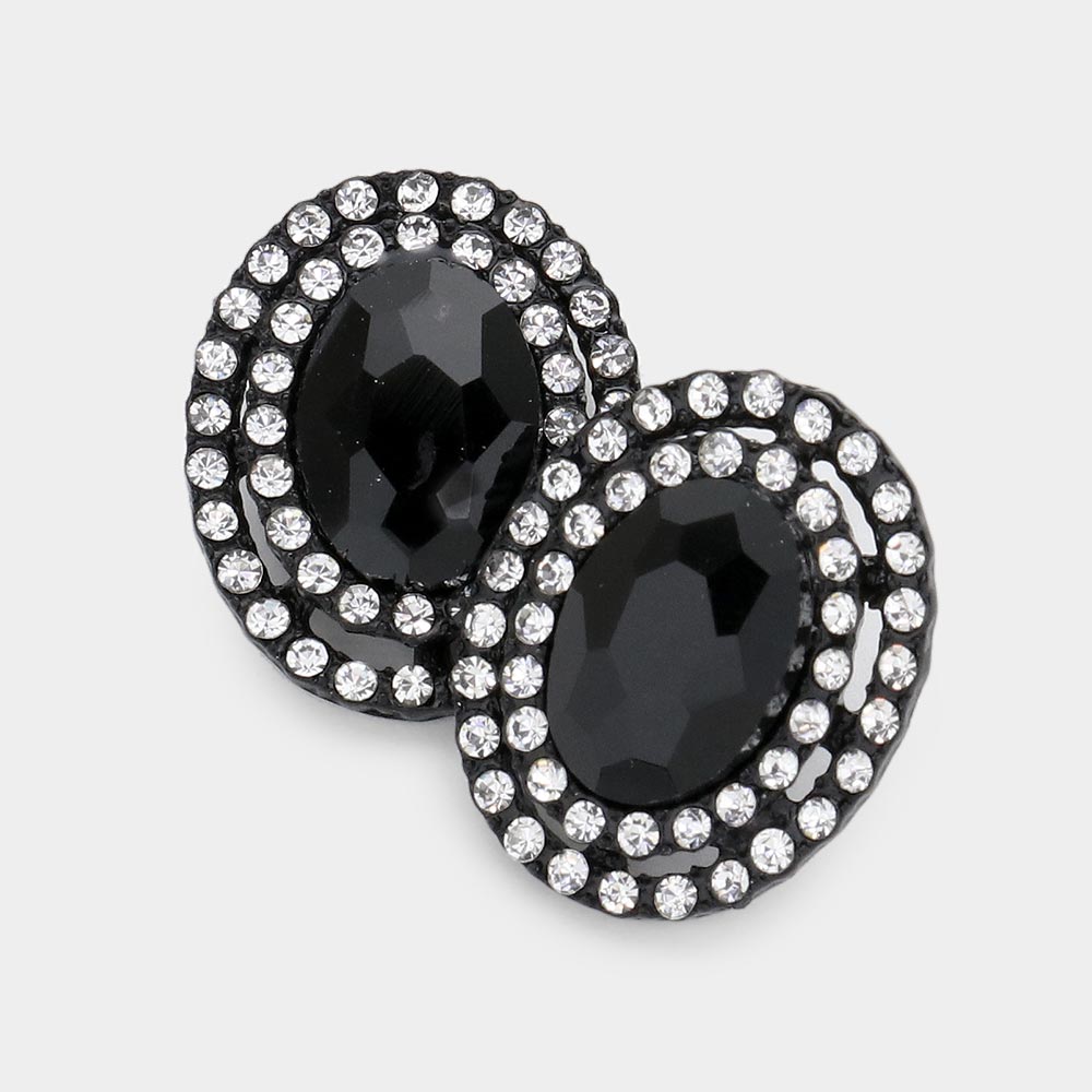 Madeline Love Jet Black Rhinestone Trim Oval Stone Stud Evening Earrings