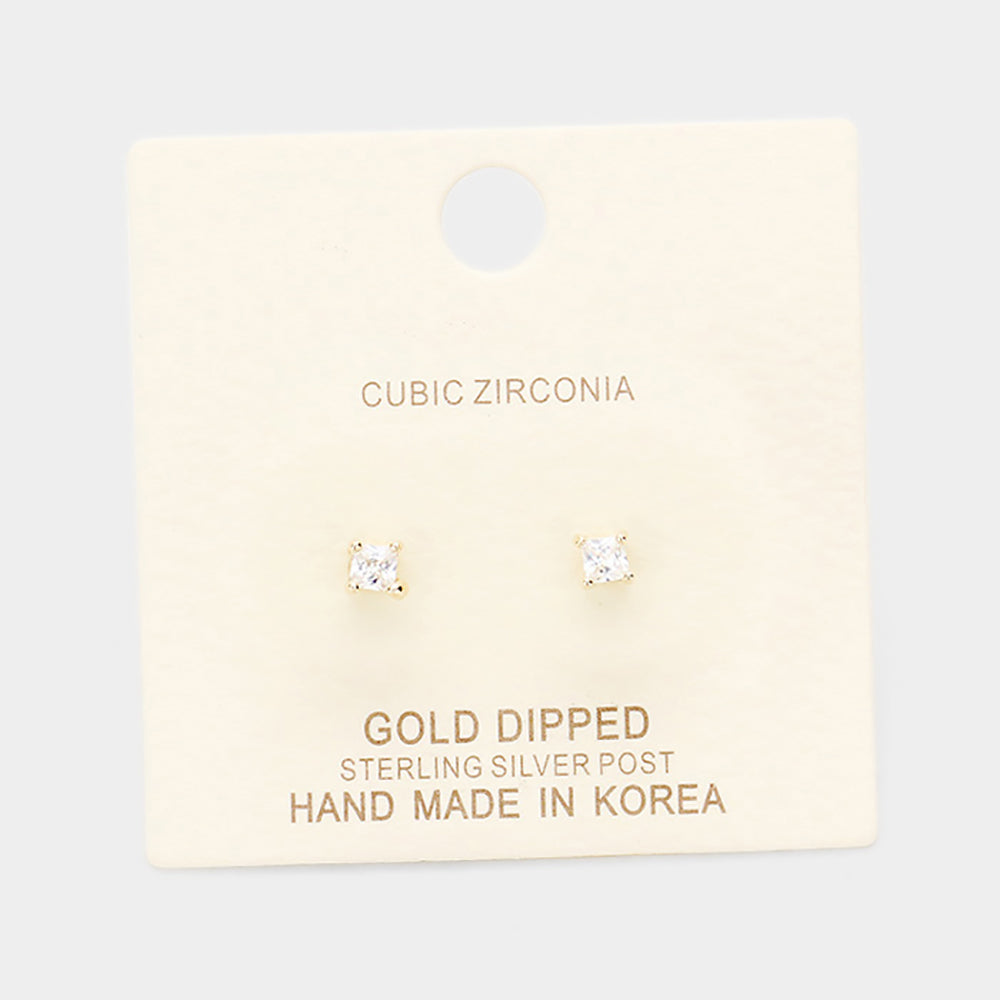 Madeline Love Clear, Gold Gold Dipped 3mm Cubic Zirconia Square Stud Earrings