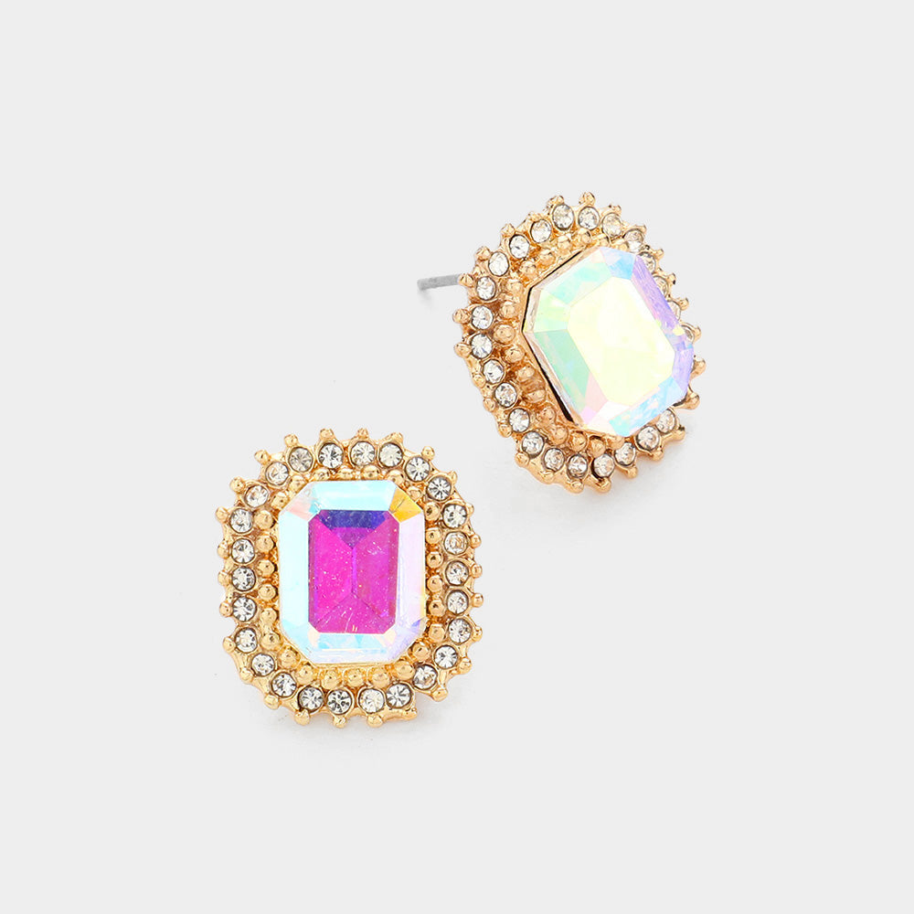 Madeline Love AB, Gold Rectangle Stone Stud Evening Earrings
