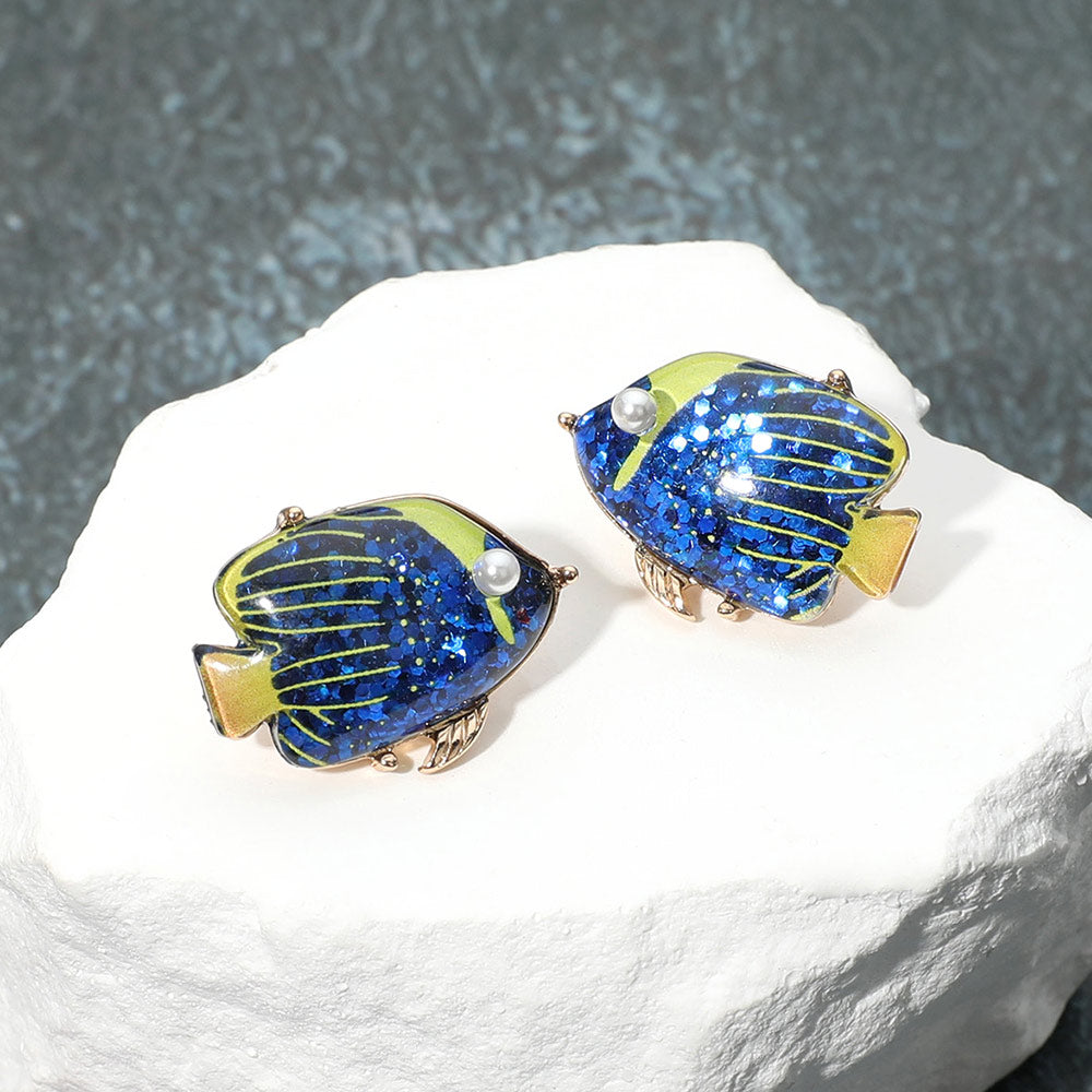 Madeline Love Blue Pearl Confetti Glittered Tropical Fish Stud Earrings