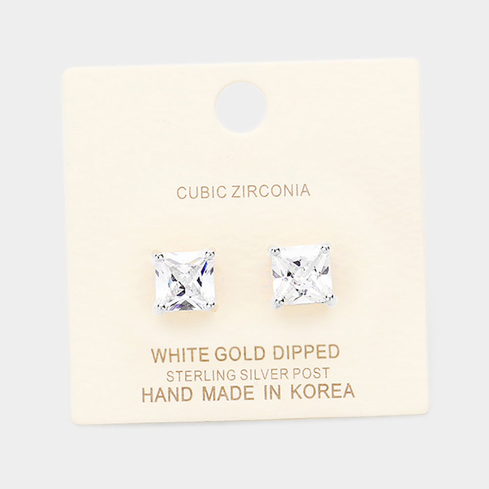 Madeline Love Clear, Rhodium White Gold Dipped 8mm Cubic Zirconia Square Stud Earrings