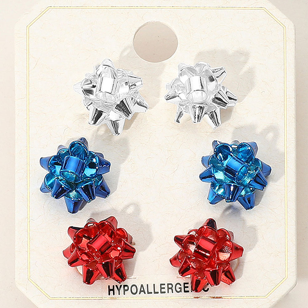 Madeline Love Multi 3Pairs - American USA Metal Mini Gift Bow Stud Earring Set - Earrings