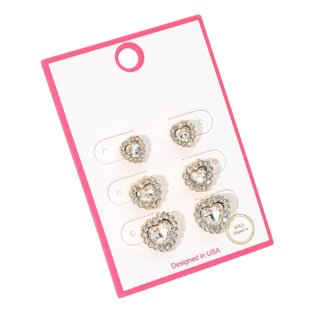 Madeline Love Clear, Gold 3Pairs - Gold Dipped Heart Halo Stud Earring Set - Earrings - desc