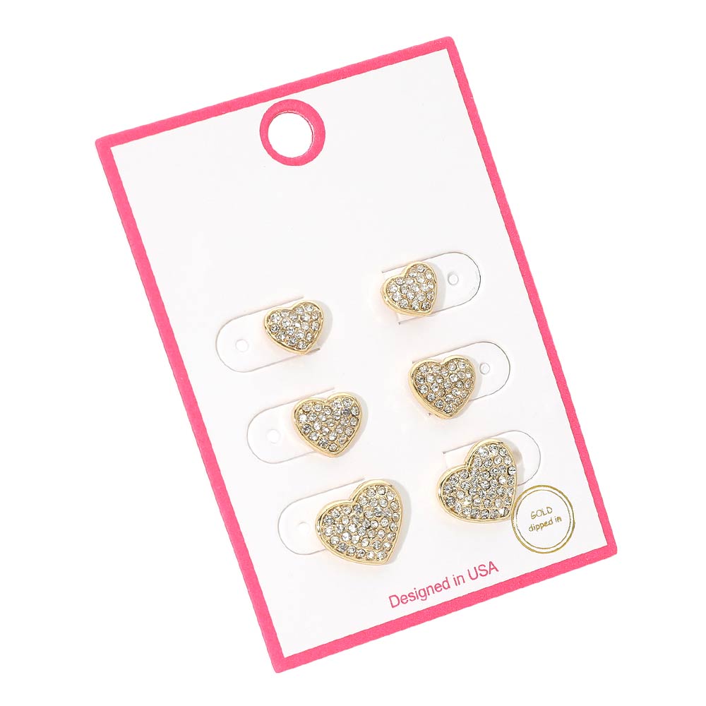Madeline Love Clear, Gold 3Pairs - Gold Dipped Stone Pave Heart Stud Earring Set - Earrings - desc