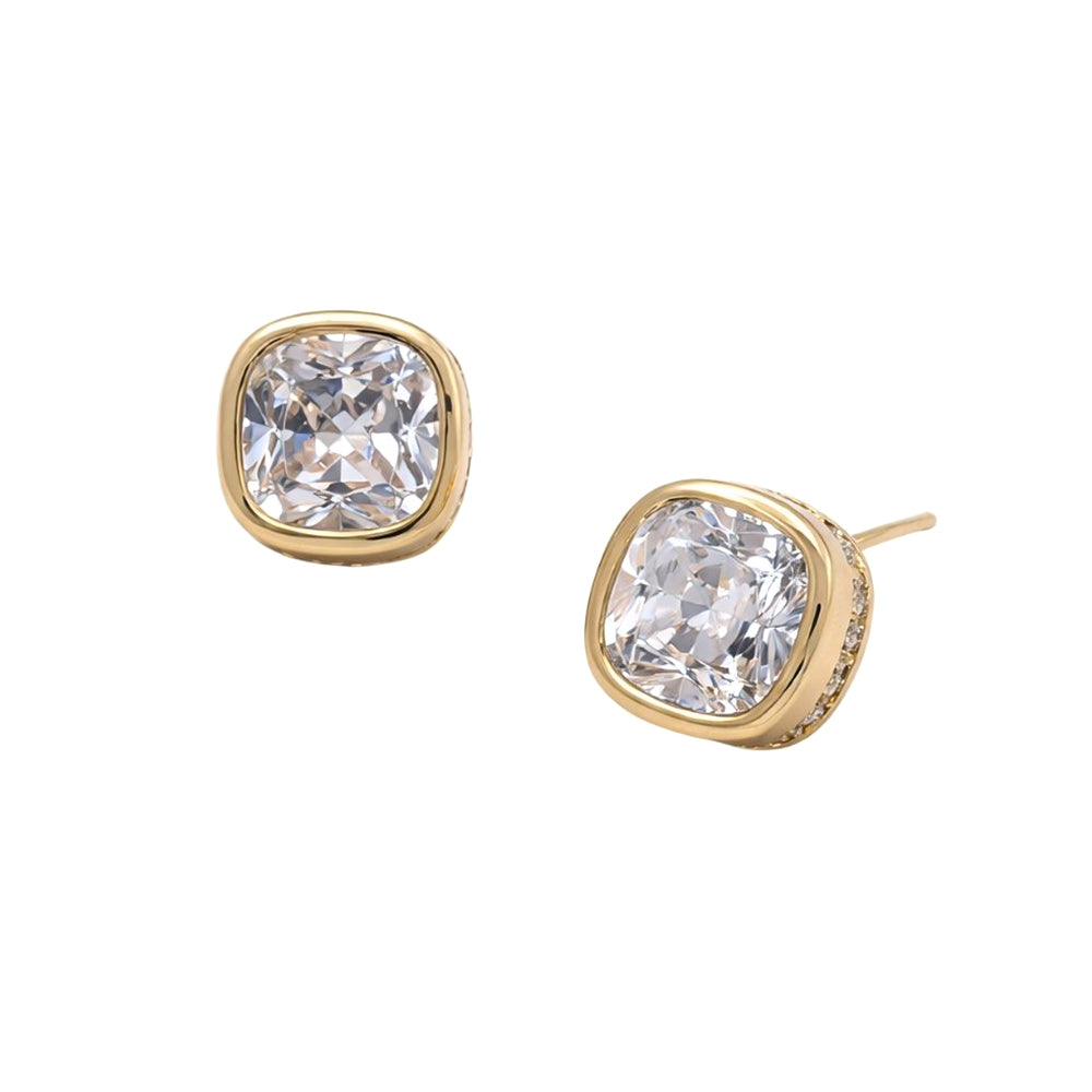 Madeline Love Clear, Gold 14K Gold Dipped Cushion Cut Elegance CZ Stud Earrings - desc