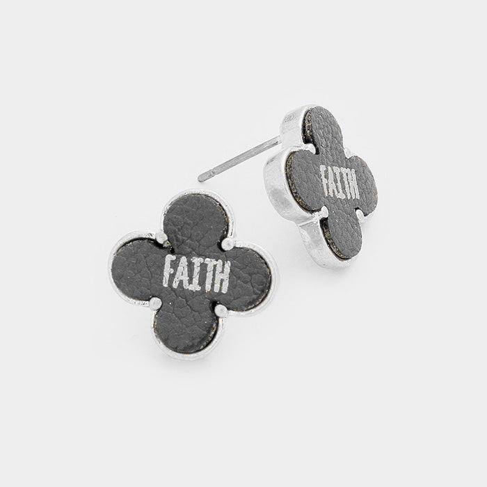 Madeline Love Gray, Worn Silver "Faith" Leather Quatrefoil Clover Stud Earring - Earrings