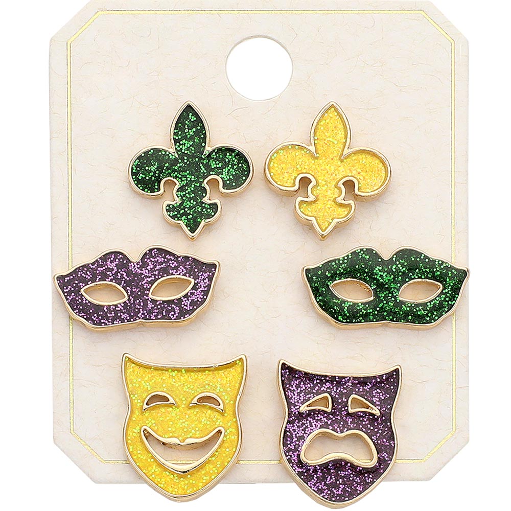 Multi 3Pairs - Sparkly Enamel Mardi Gras Fleur de Lis Mask Stud Earring Set