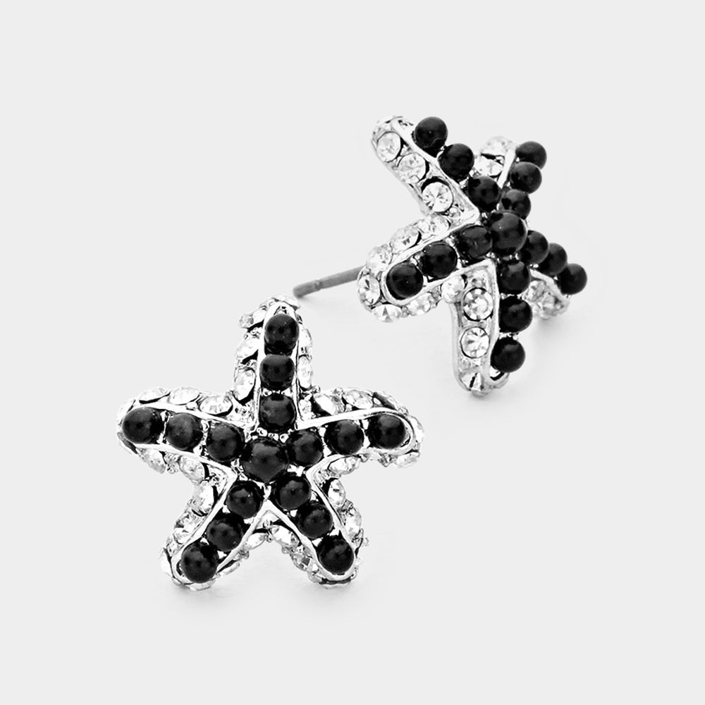 Rhodium, Clear, Black Crystal & bead starfish stud earrings