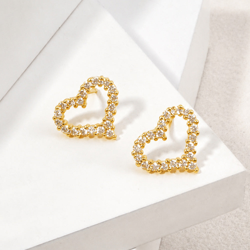 Madeline Love Clear, Gold 14K Gold Dipped Hypoallergenic CZ Pave Open Heart Stud Earrings
