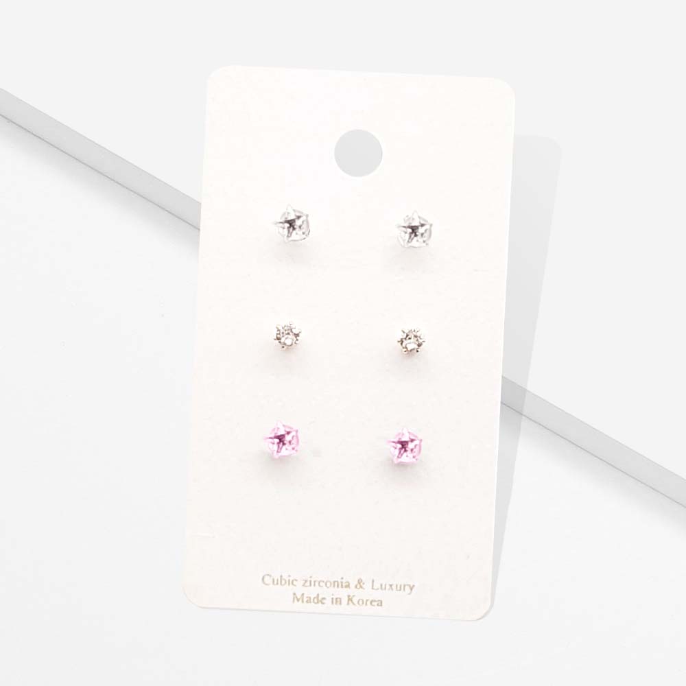 Madeline Love Pink 3Pairs - CZ Star Round Stud Earrings
