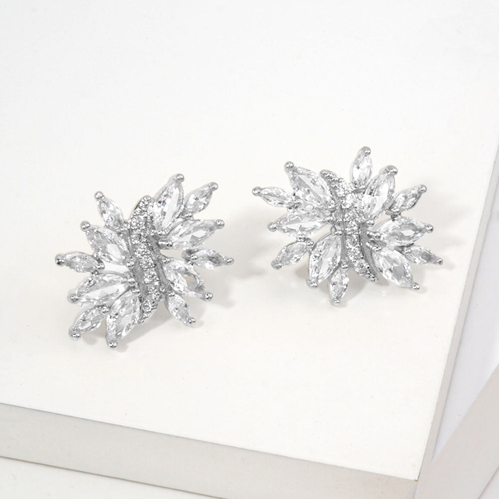 Madeline Love Clear, Rhodium 14K Gold Dipped Marquise CZ Floral Stud Earrings