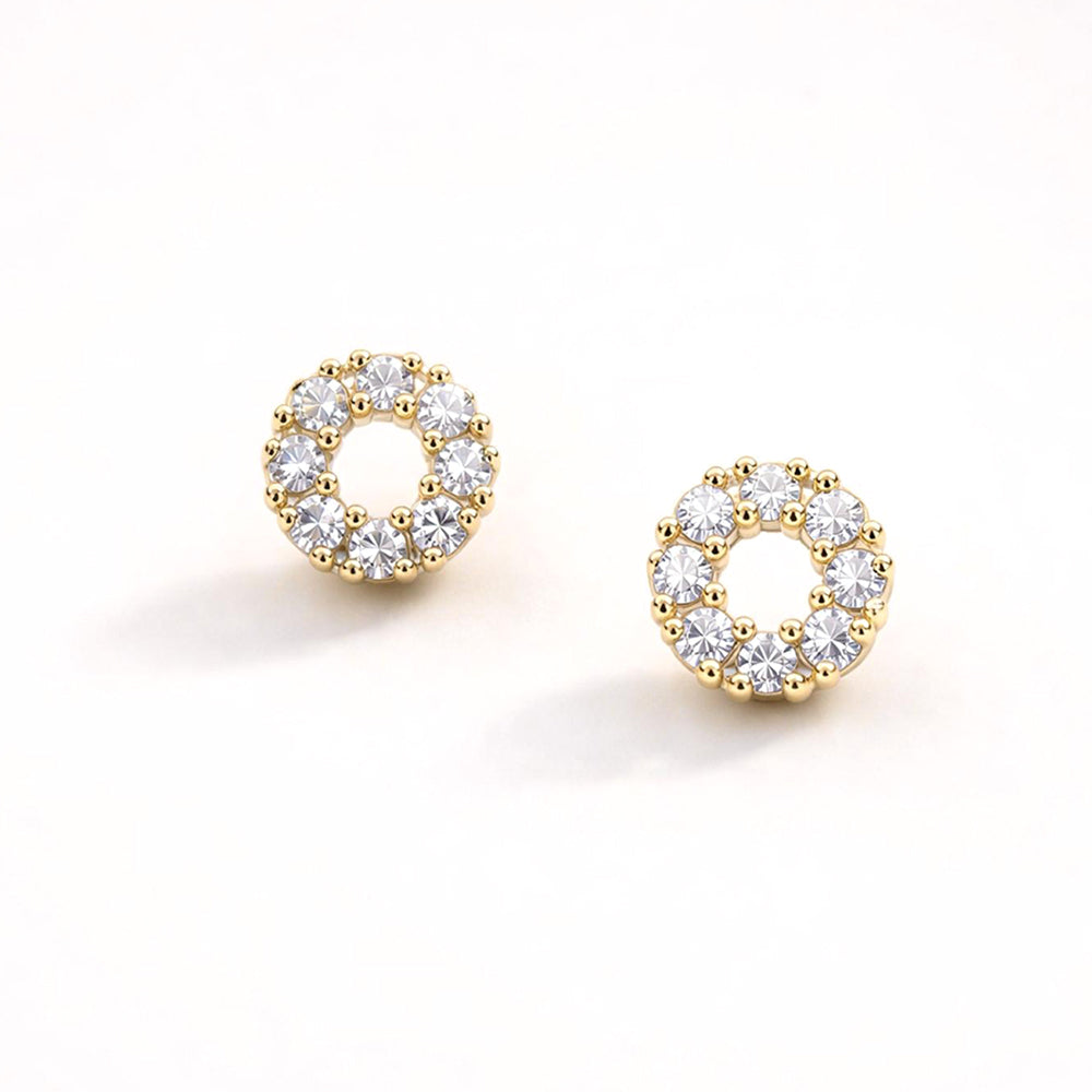 Madeline Love Clear, Gold 14K Gold Dipped CZ Pave Halo Circle Stud Earrings - desc