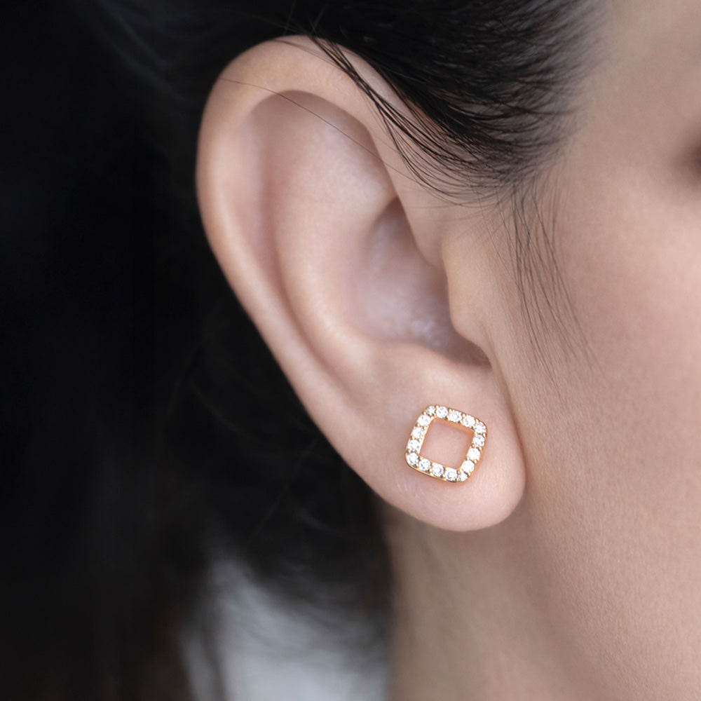 Madeline Love Clear, Gold 14K Gold Dipped CZ Pave Open Square Stud Earrings - extra