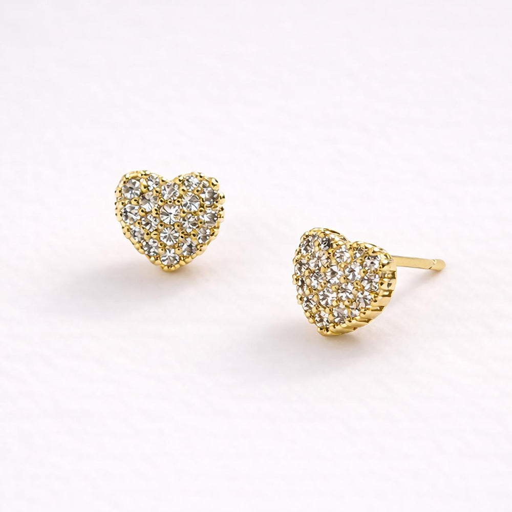 Madeline Love Clear, Gold 14K Gold Dipped CZ Micro Pave Heart Stud Earrings - desc