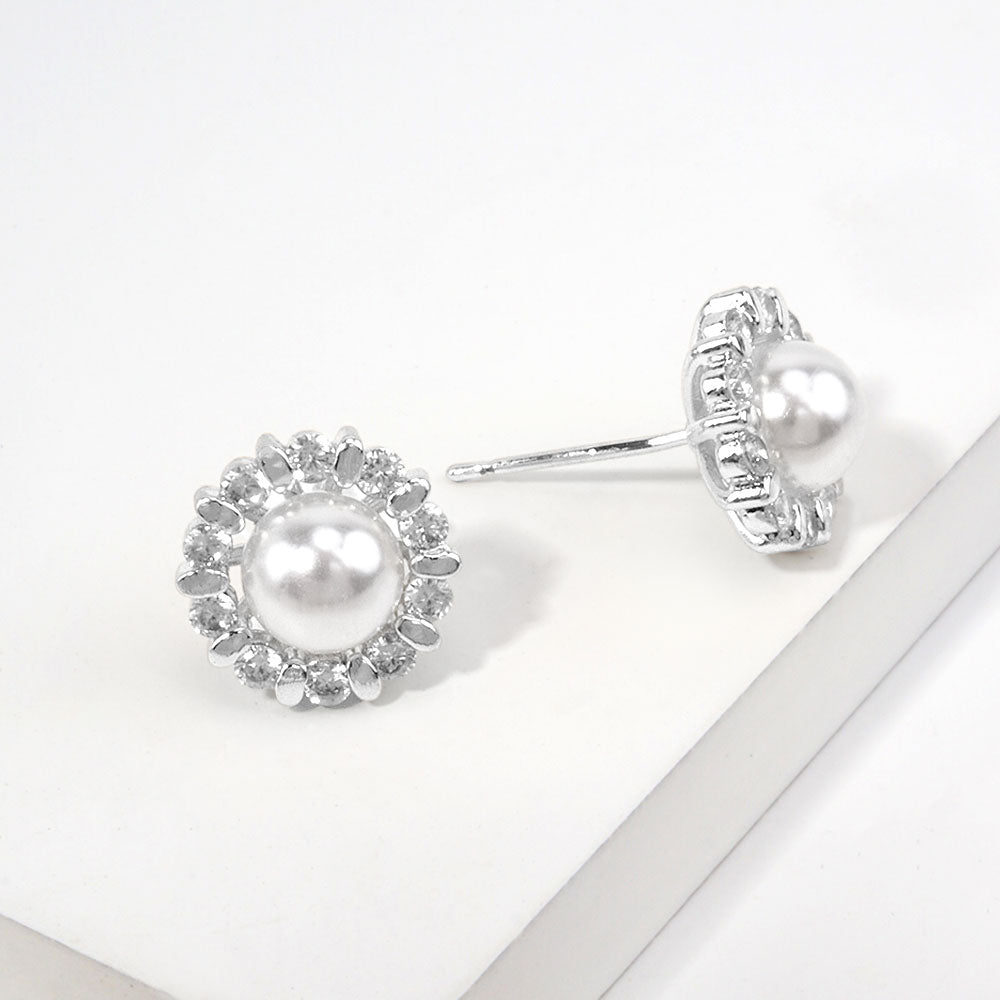 Madeline Love Rhodium, White 14K Gold Dipped Pearl Center CZ Halo Stud Earrings