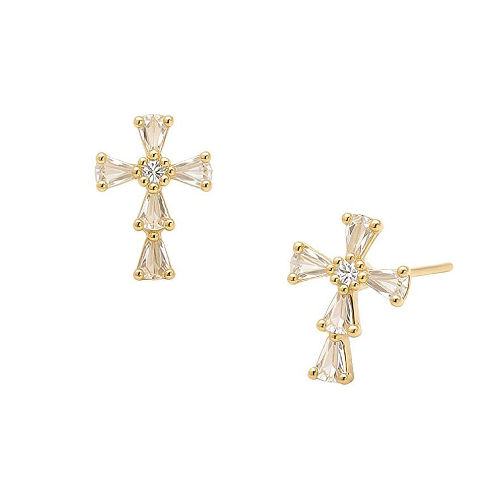 Madeline Love Clear, Gold 14K Gold Dipped Marquise CZ Cluster Cross Stud Earrings - extra
