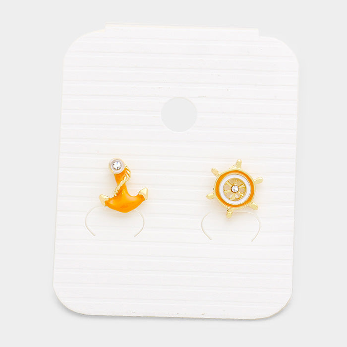 Madeline Love Orange Anchor Ship Wheel Stud Earrings