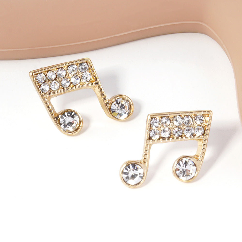 Clear, Gold Crystal Paved Music Note Stud Earrings