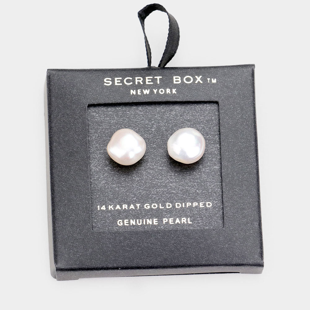 Madeline Love Clear, Gold Secret Box _ 14k Gold Dipped Irregular Pearl Stud Earrings