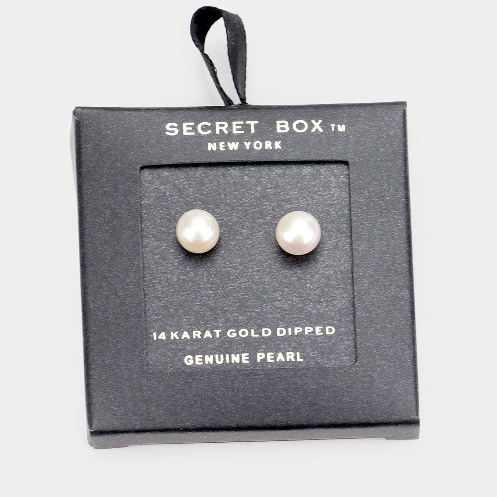 Madeline Love Clear, Gold Secret Box _ 14k Gold Dipped Pearl Stud Earrings