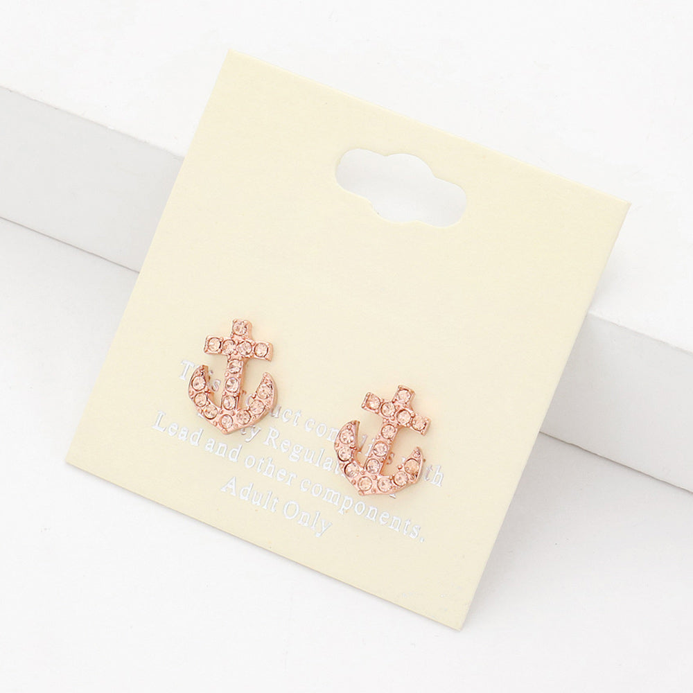 Peach, Rose Gold Rhinestone Anchor Stud Earrings