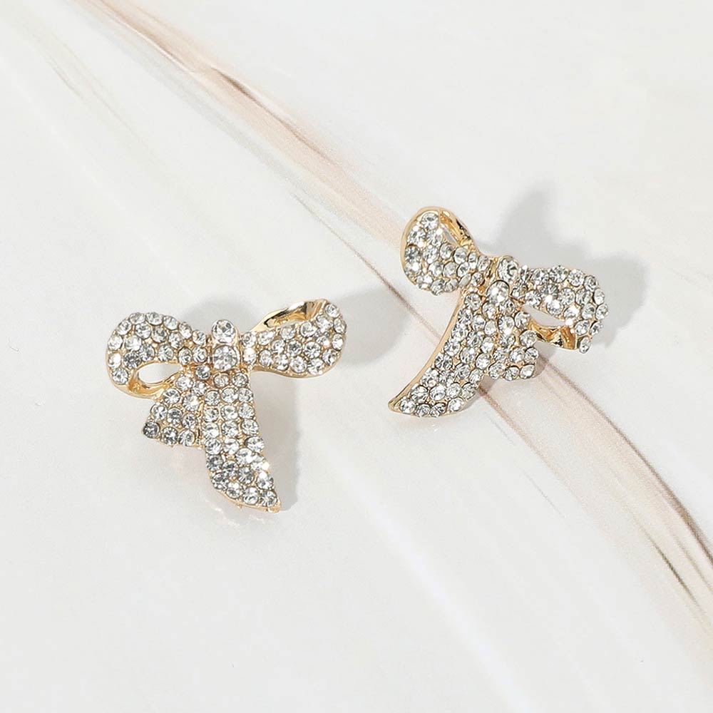 Madeline Love Clear, Gold Rhinestone Pave Bow Stud Earrings