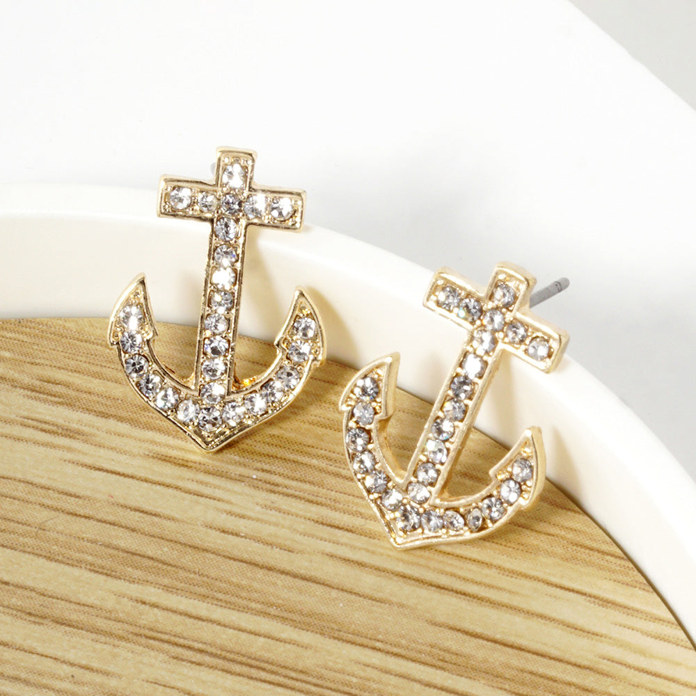 Madeline Love Clear, Gold Crystal Stone Paved Anchor Stud Earrings