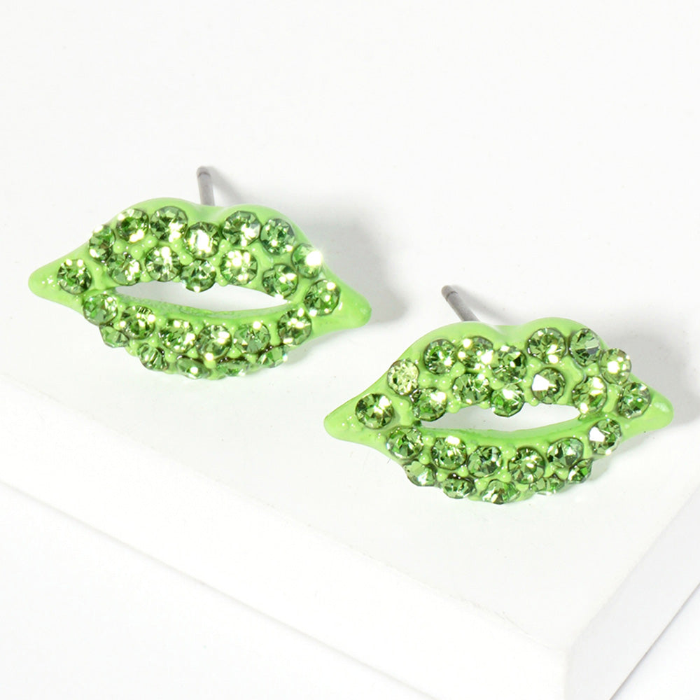 Peridot Crystal Rhinestone Paved Lips Stud Earrings