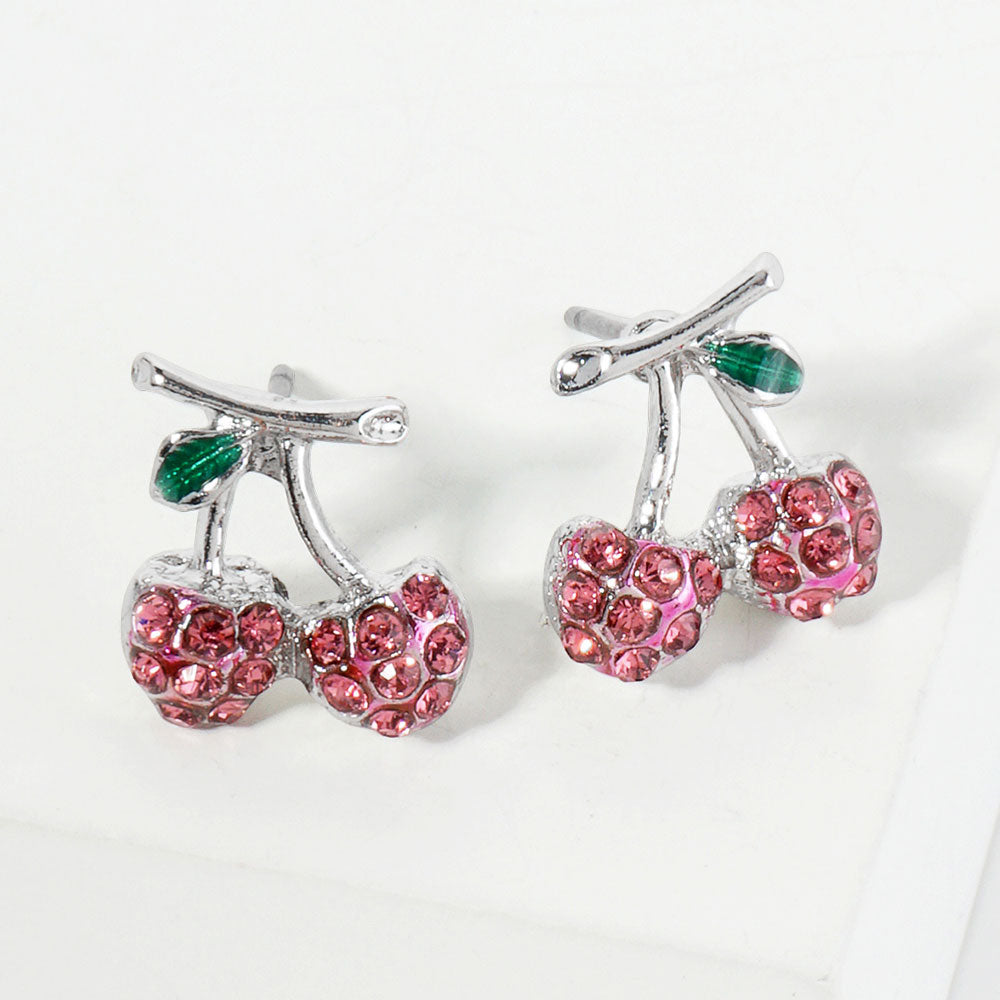 Fuchsia, Rhodium Rhinestone Pave Cherry Stud Earrings