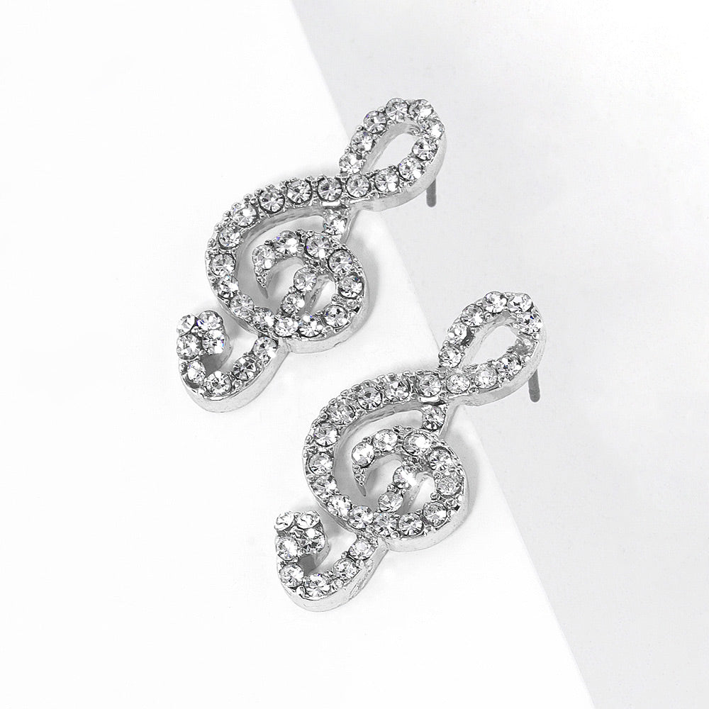 Clear, Rhodium Crystal Paved Treble Clef Stud Earrings