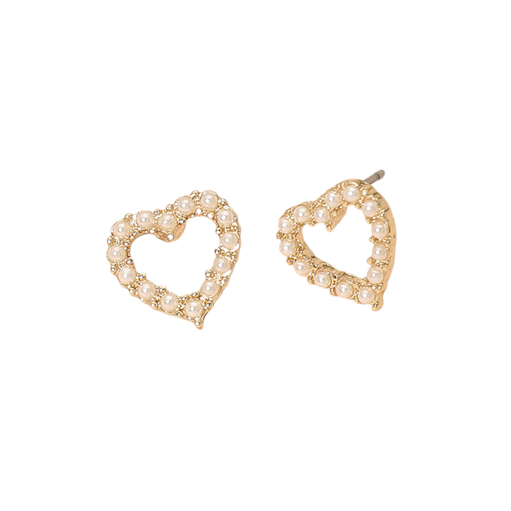 Madeline Love Cream, Gold Pearl Pave Open Heart Stud Earrings - desc