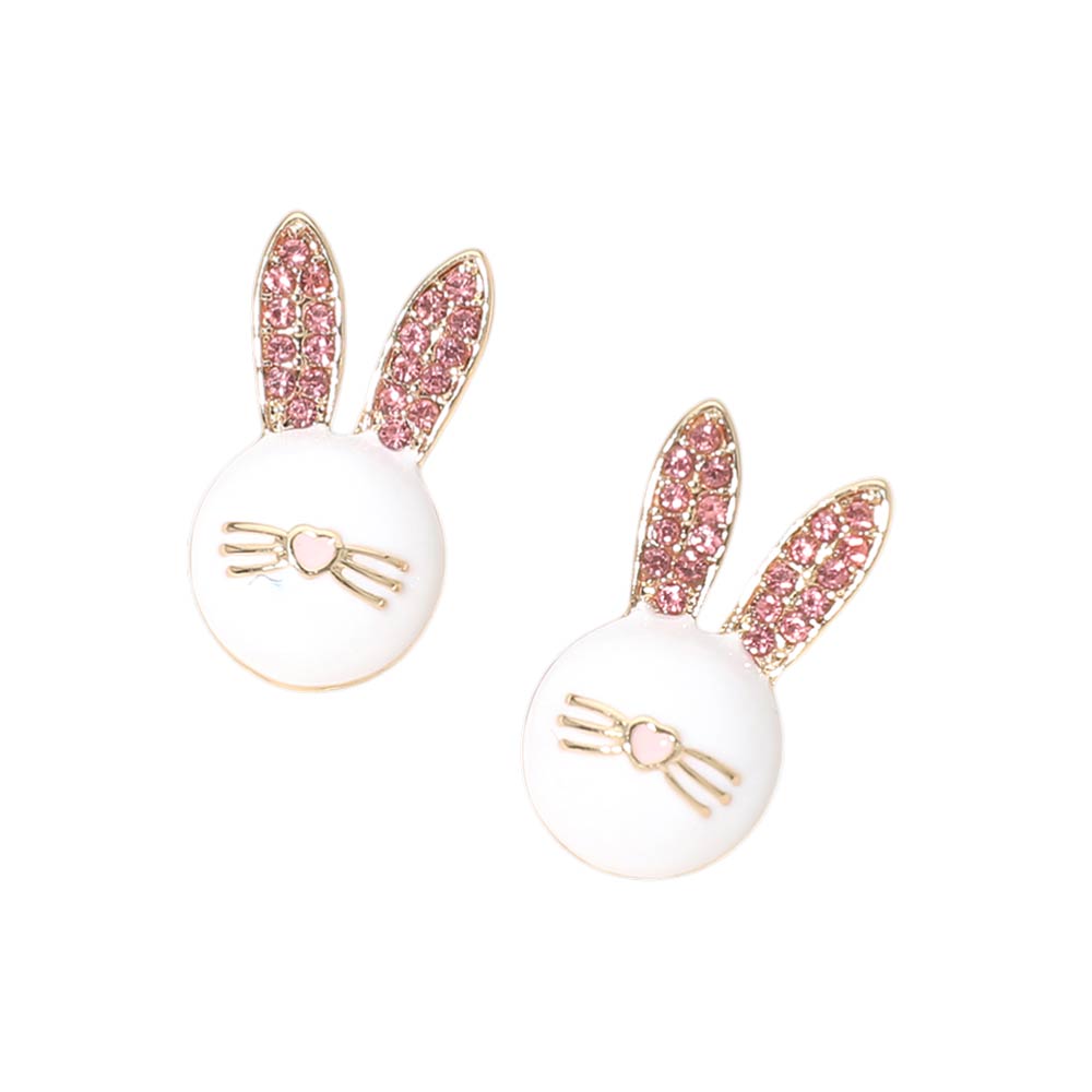 Madeline Love Gold, Pink Rhinestone Pave Easter Bunny Face Stud Earrings - desc