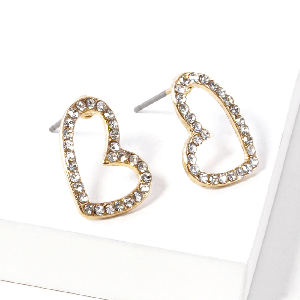 Madeline Love Clear, Gold Rhinestone Crystal Pave Open Heart Stud Earrings