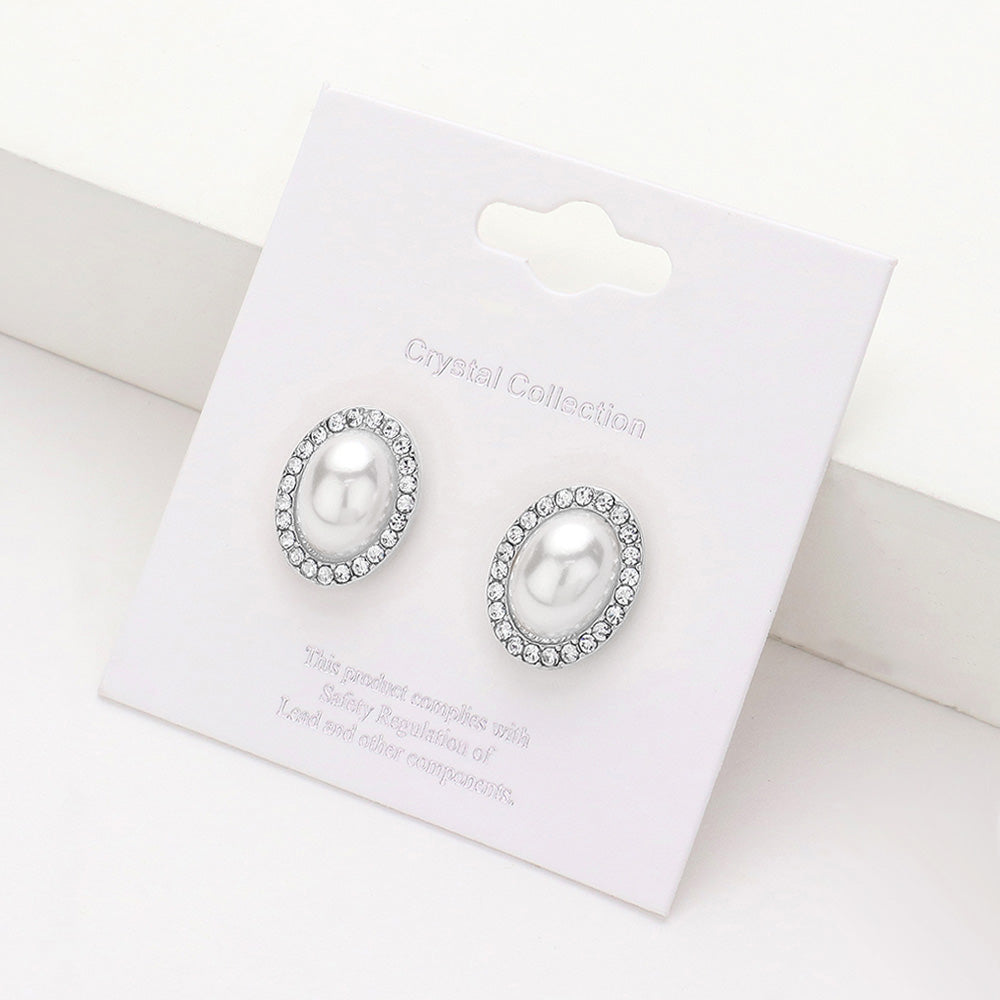 Clear, Rhodium Pearl Centered Rhinestone Trimmed Stud Earrings