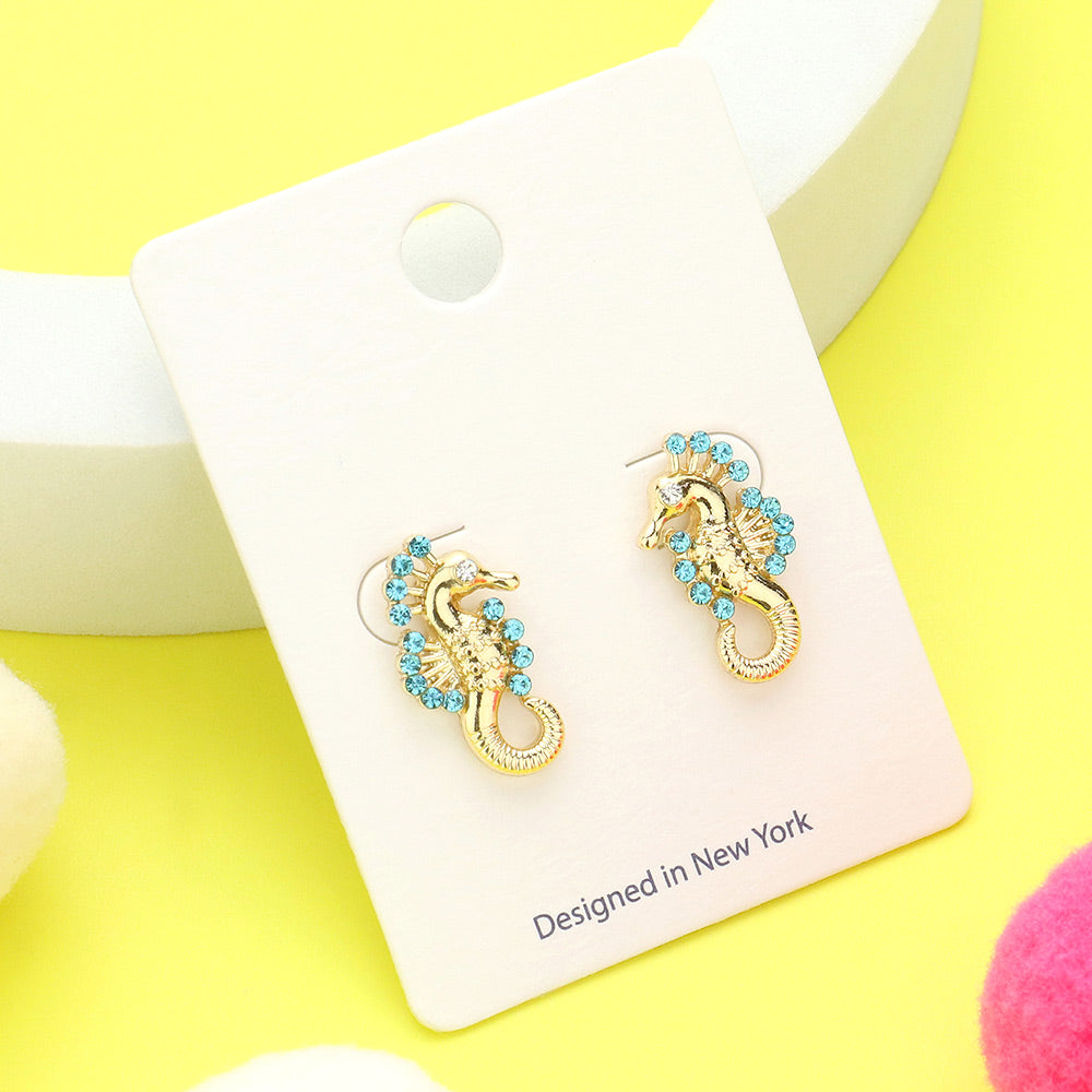 Madeline Love Aqua, Gold Stone Embellished Enamel Seahorse Stud Earrings